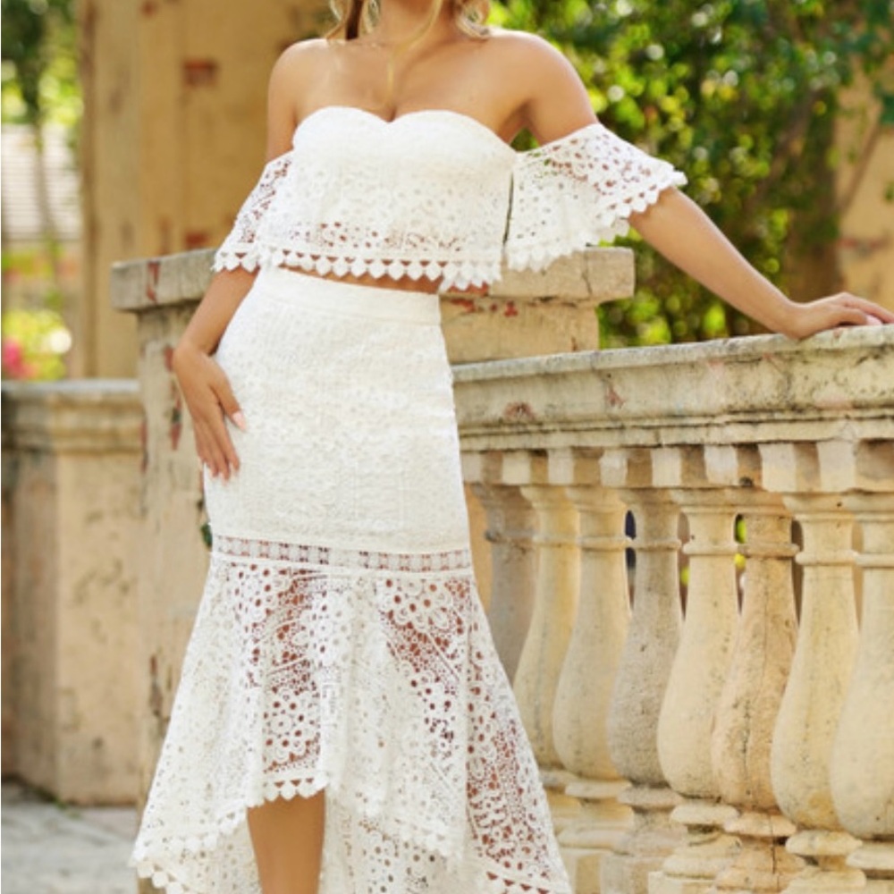 White Lace Off-Shoulder Two-Piece Dress